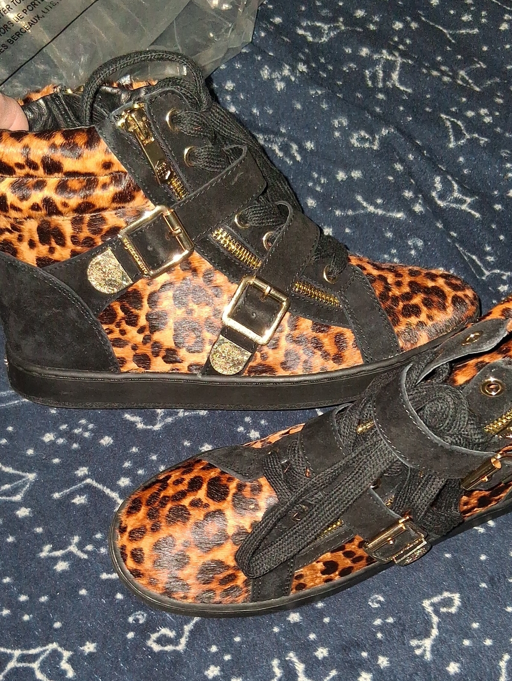 Vince Camuto Leopard Print High-Top Sneakers with Black and Gold Accents
